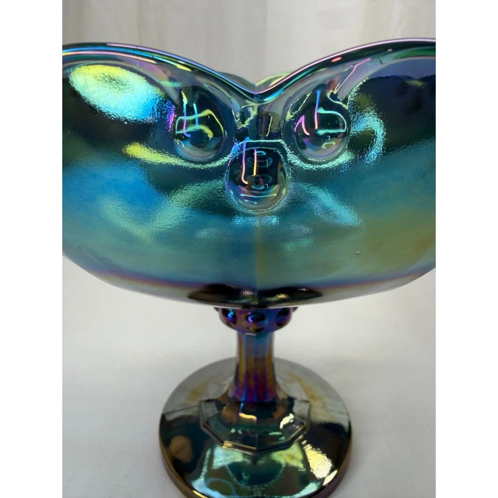Vtg Iridescent Blue Carnival Glass Compote Scalloped Pedestal Candy Dish 7.25